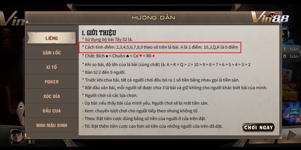 Cách tính điểm chi tiết trong bài Liêng