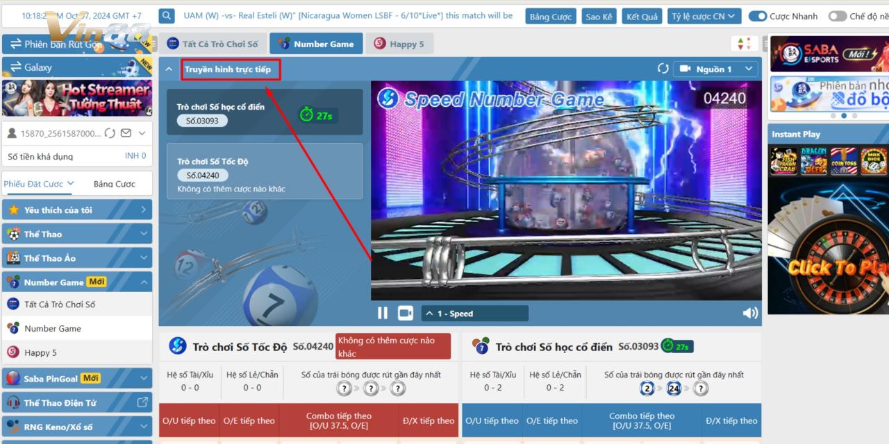 Cược Trực Tiếp (Running Games) Trên Numbers Game Vin88