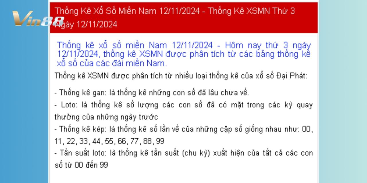 Thống Kê Kết Quả Xổ Số Miền Nam Thứ 3 Ngày 12/11/2024