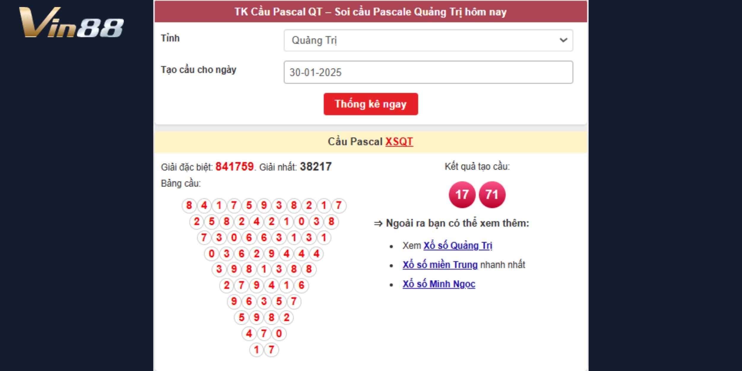 Bảng cầu Pascal xổ số miền Trung đài Quảng Trị cho ngày 30/01/2025