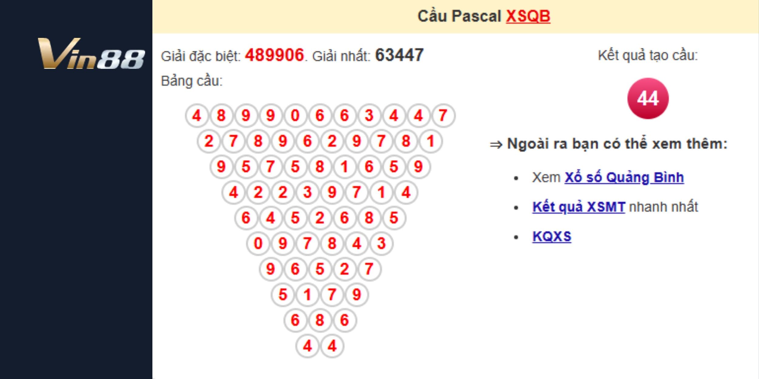 Bảng cầu Pascal xổ số Quảng Bình