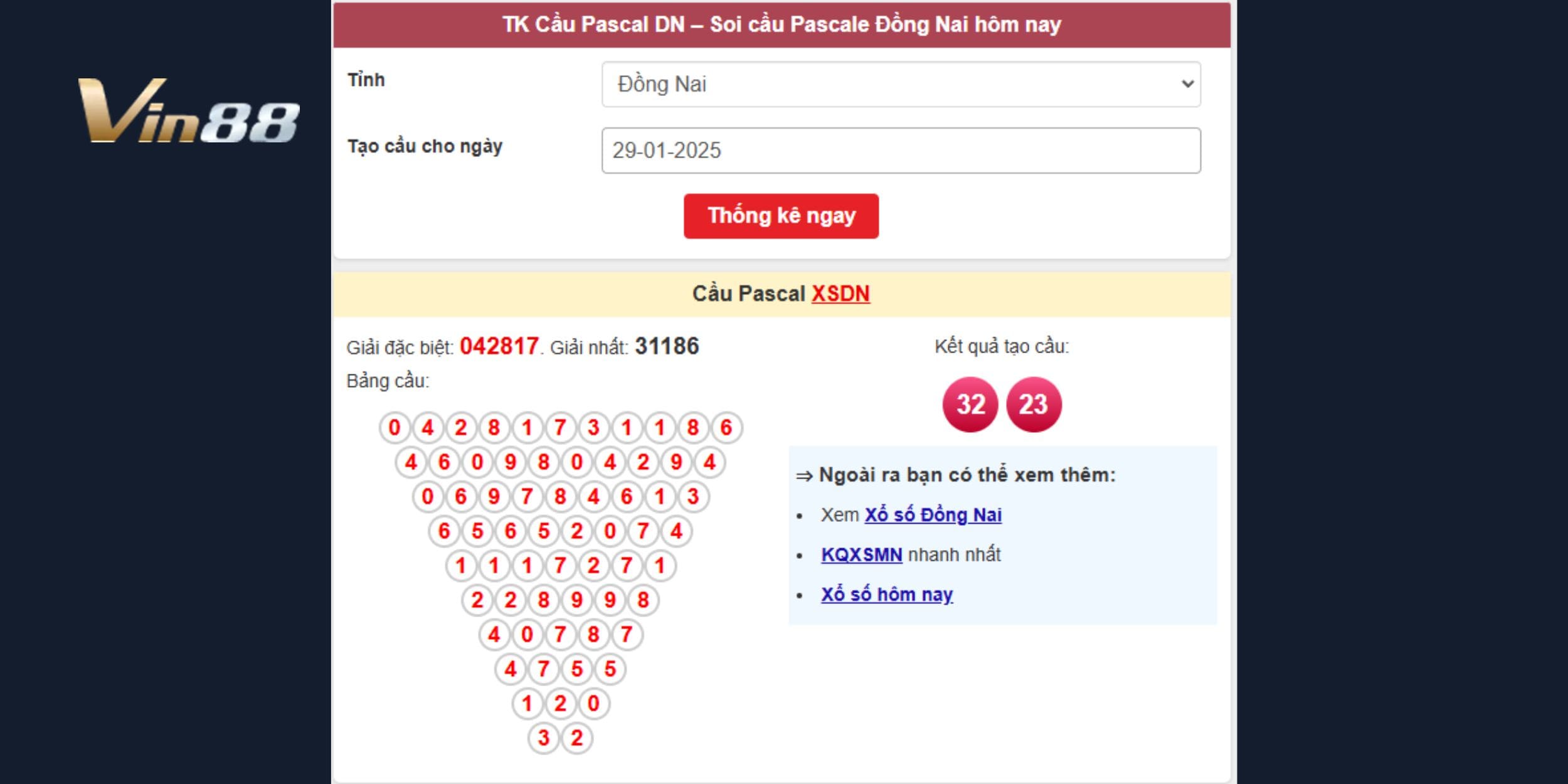 Cầu Pascal xổ số miền Nam đài Đồng Nai ngày 29/01/2025