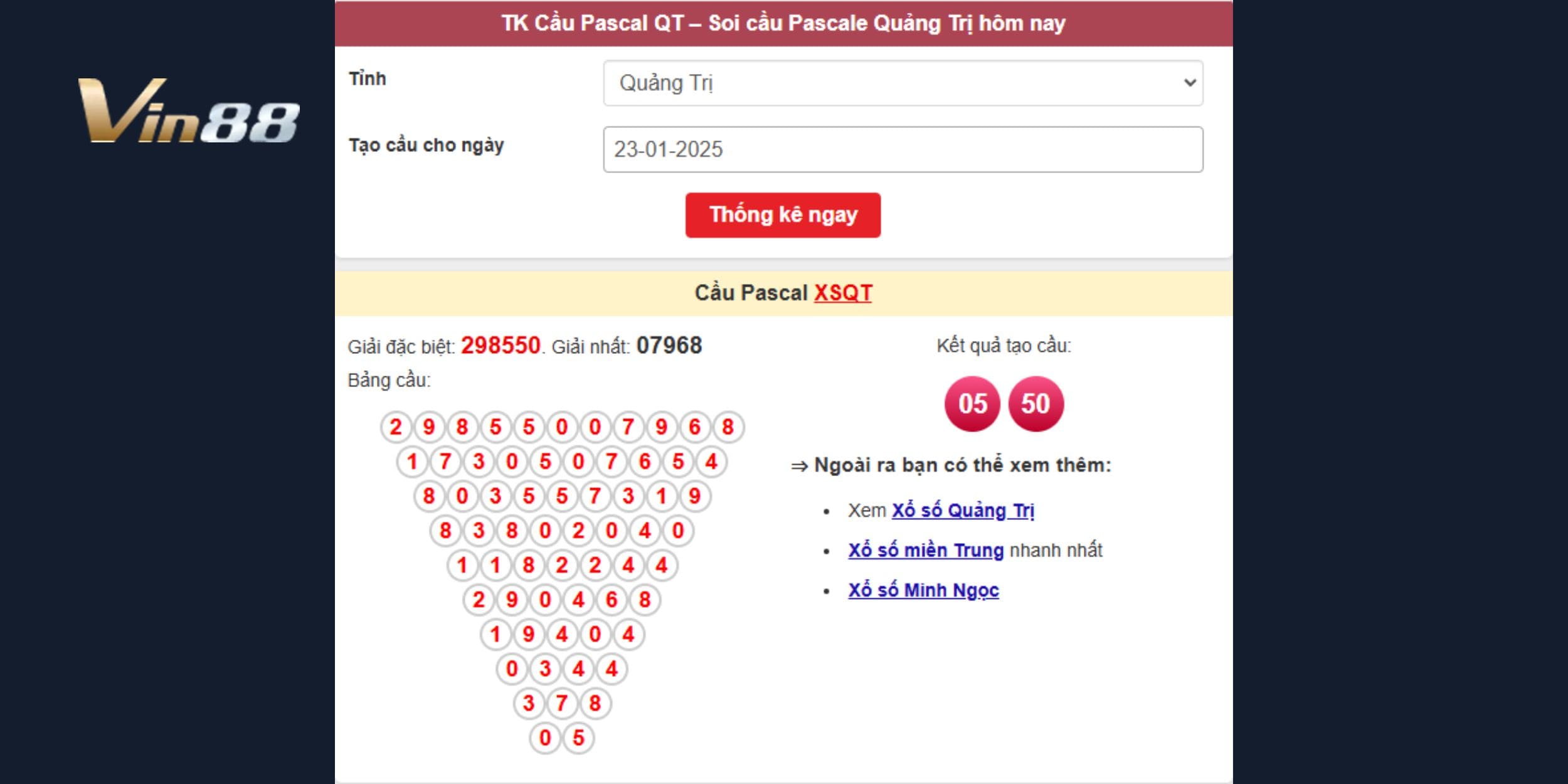Tạo cầu Pascal Quảng Trị dự đoán xổ số miền Trung ngày 23/01/2025