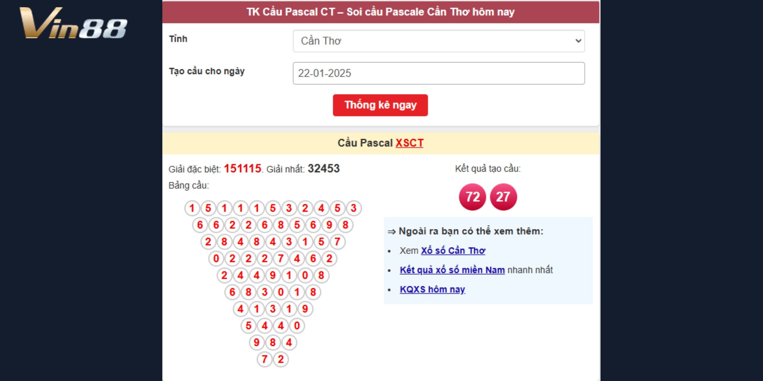 Thống kê bảng cầu Pascal dự đoán xổ số miền Nam ngày 22/01/2025 đài Cần Thơ