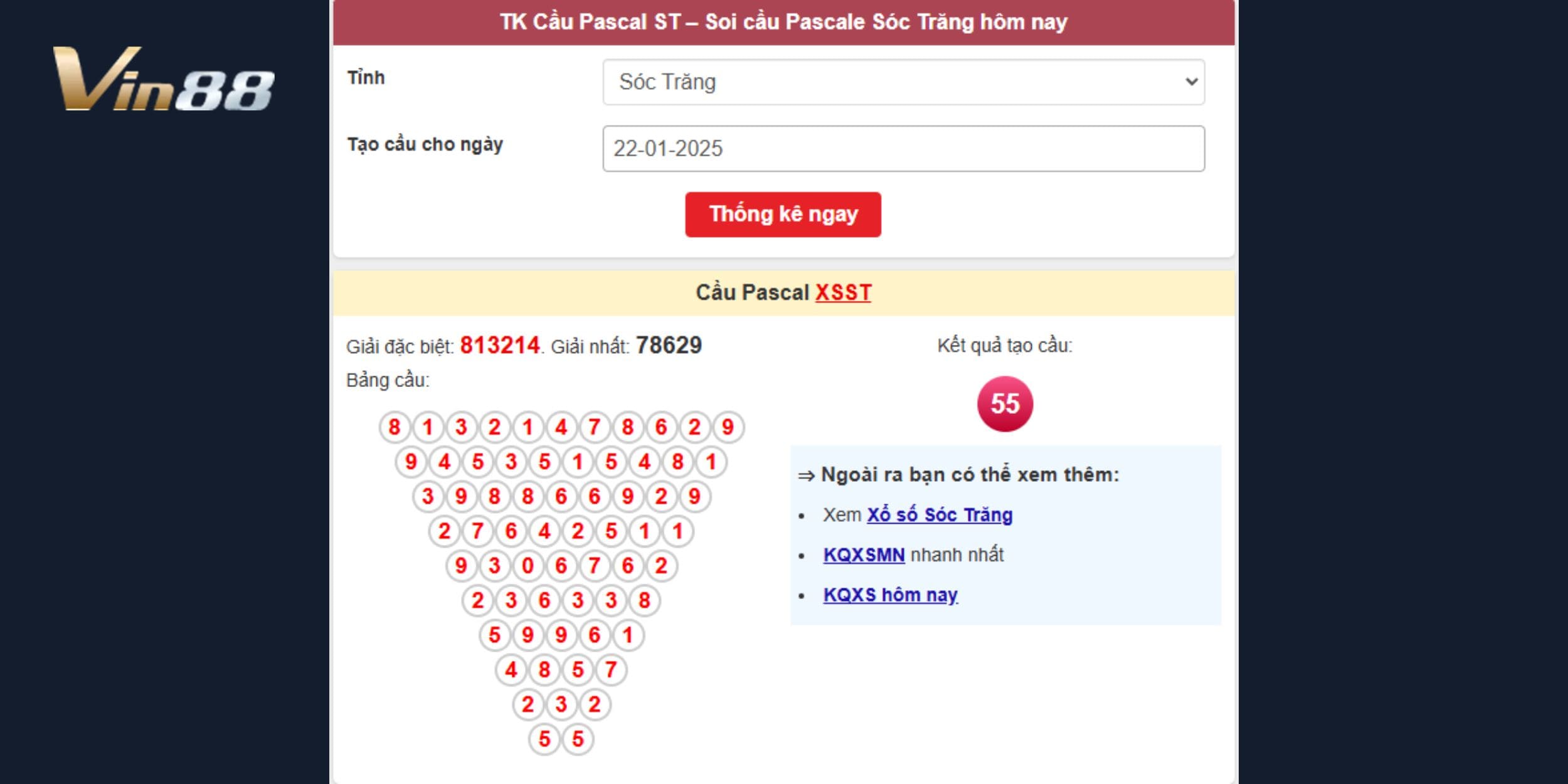Thống kê bảng cầu Pascal dự đoán xổ số miền Nam ngày 22/01/2025 đài Sóc Trăng