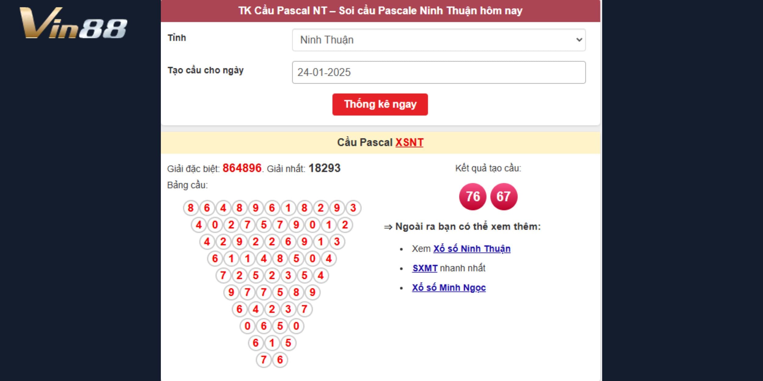 Thống kê cầu Pascal dự đoán xổ số miền Trung ngày 24/01/2025 đài Ninh Thuận