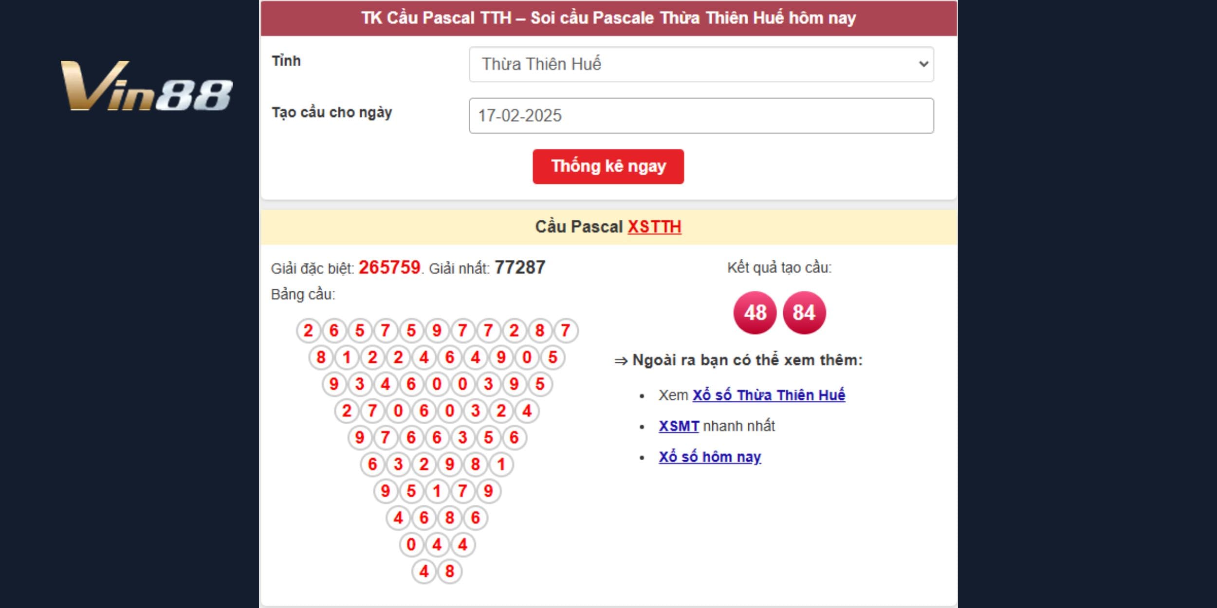 Bảng cầu Pascal xổ số miền Trung đài Thừa Thiên Huế ngày 17/02/2025