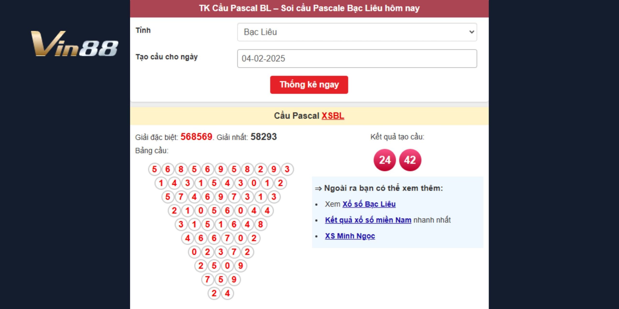 Soi cầu Pascal dự đoán xổ số miền Nam ngày 04/02/2025 đài Bạc Liêu
