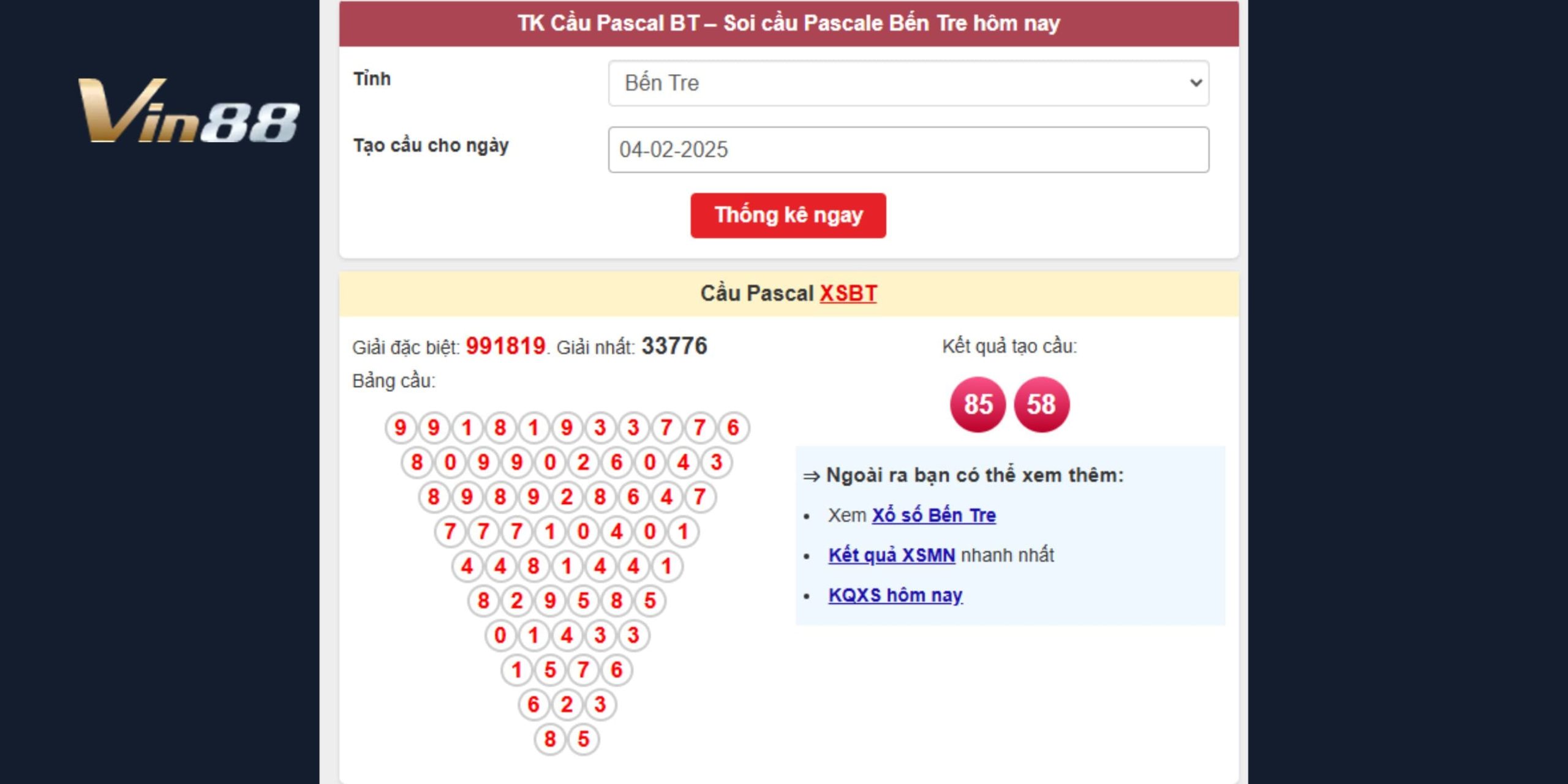 Soi cầu Pascal dự đoán xổ số miền Nam ngày 04/02/2025 đài Bến Tre