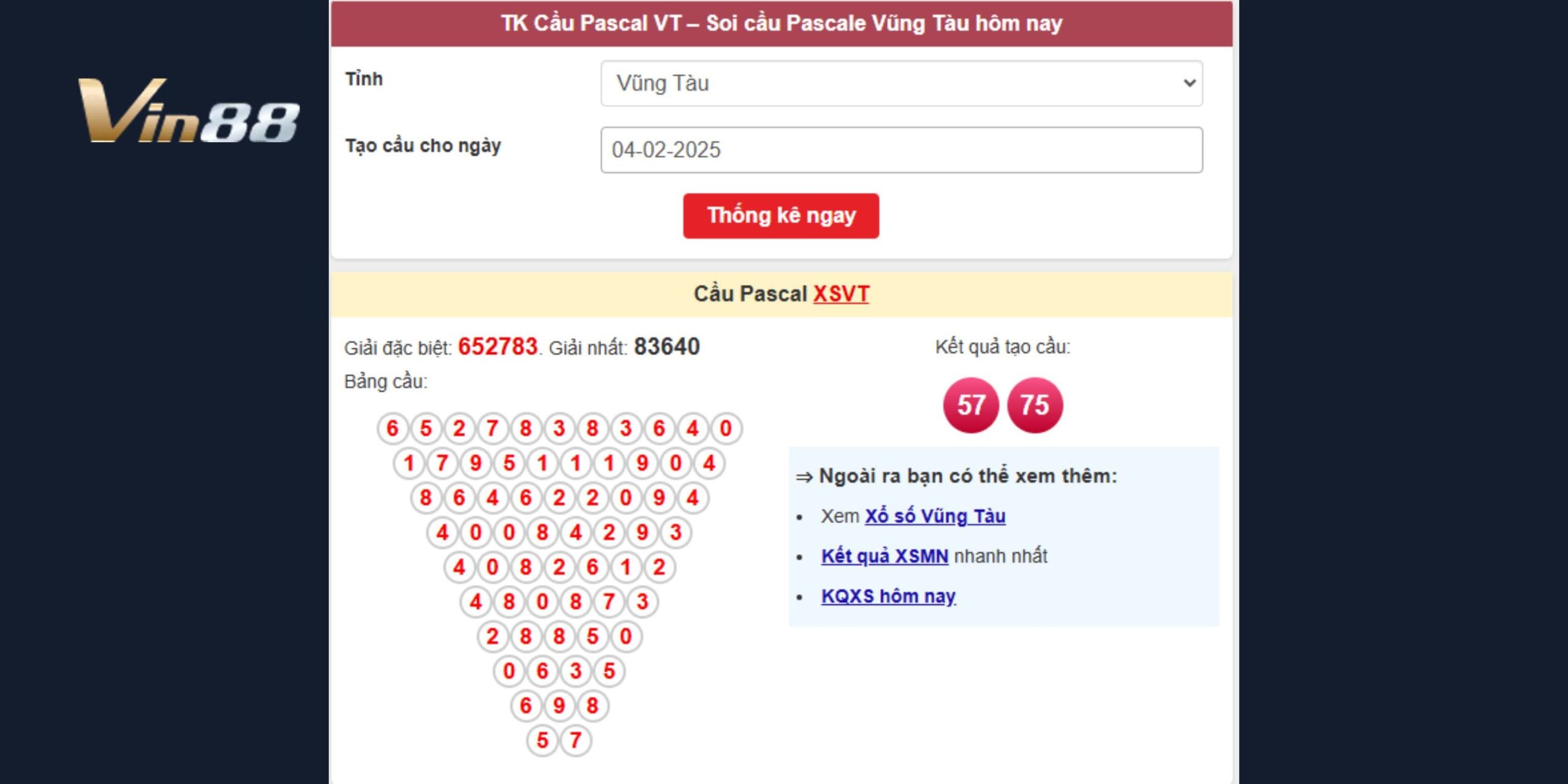 Soi cầu Pascal dự đoán xổ số miền Nam ngày 04/02/2025 đài Vũng Tàu