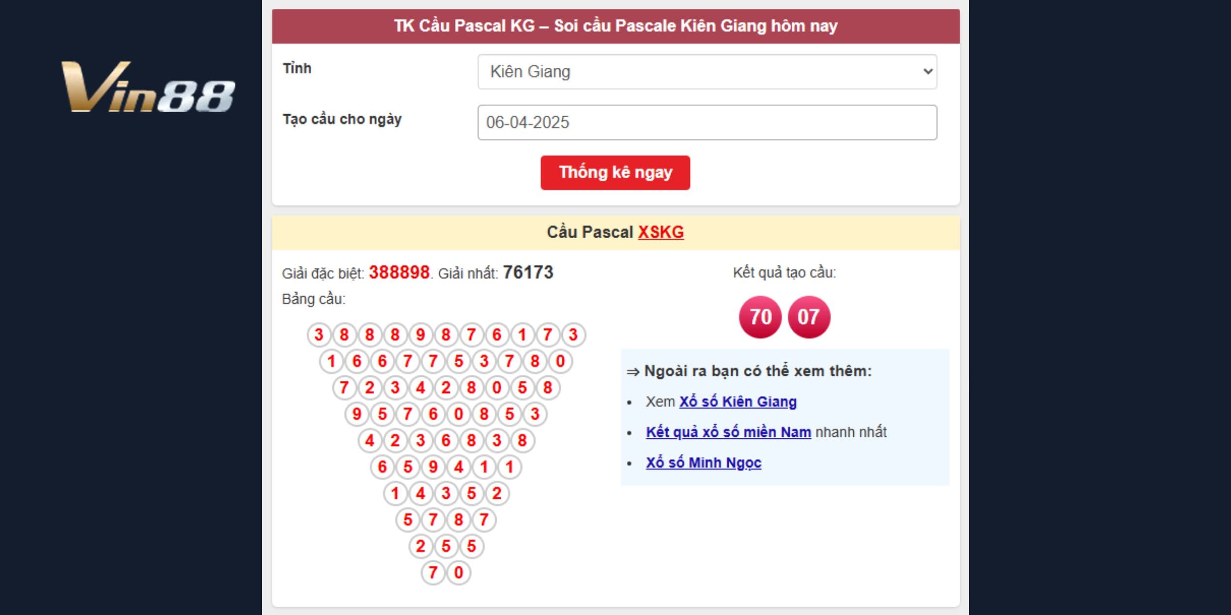 Bảng cầu Pascal xổ số Kiên Giang mới nhất dự đoán cho ngày 06/04/2025